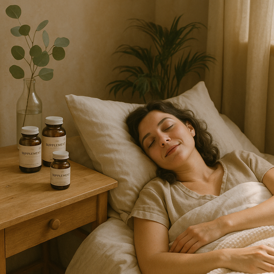 persona descansando en cama con suplementos en mesita de noche