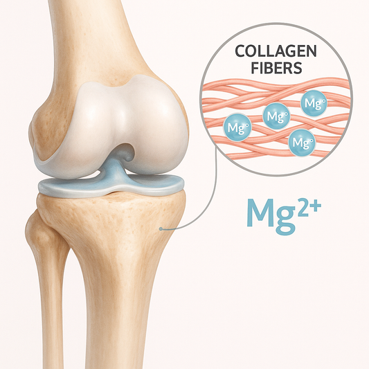 Ilustración de articulación con colágeno y magnesio destacando fibras y minerales