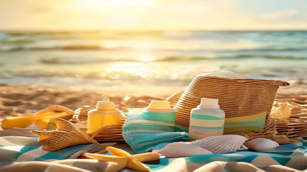 Protectores solares de farmacia para niños y familia: cesta de playa con productos solares, juguetes, sombrero y toalla en arena dorada