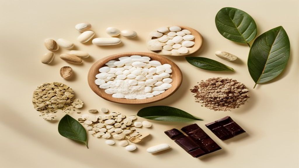 Suplementos de magnesio de farmacia: cápsulas, polvo y comprimidos junto a fuentes naturales como almendras y chocolate negro