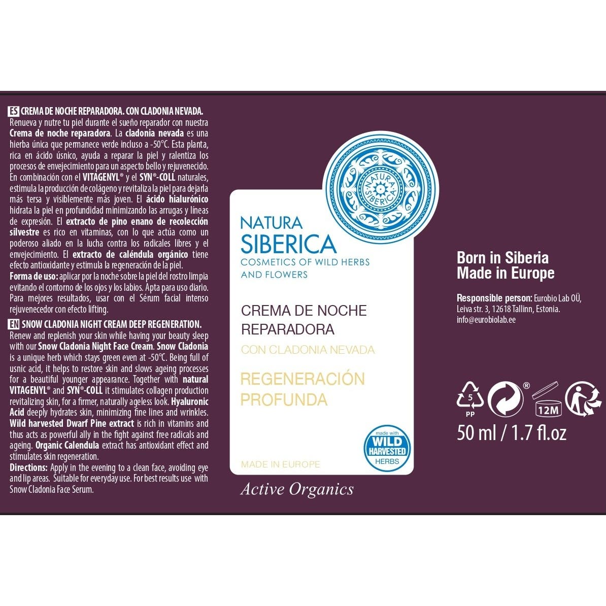 Natura Siberica crema de noche reparadora y regeneradora 50ml