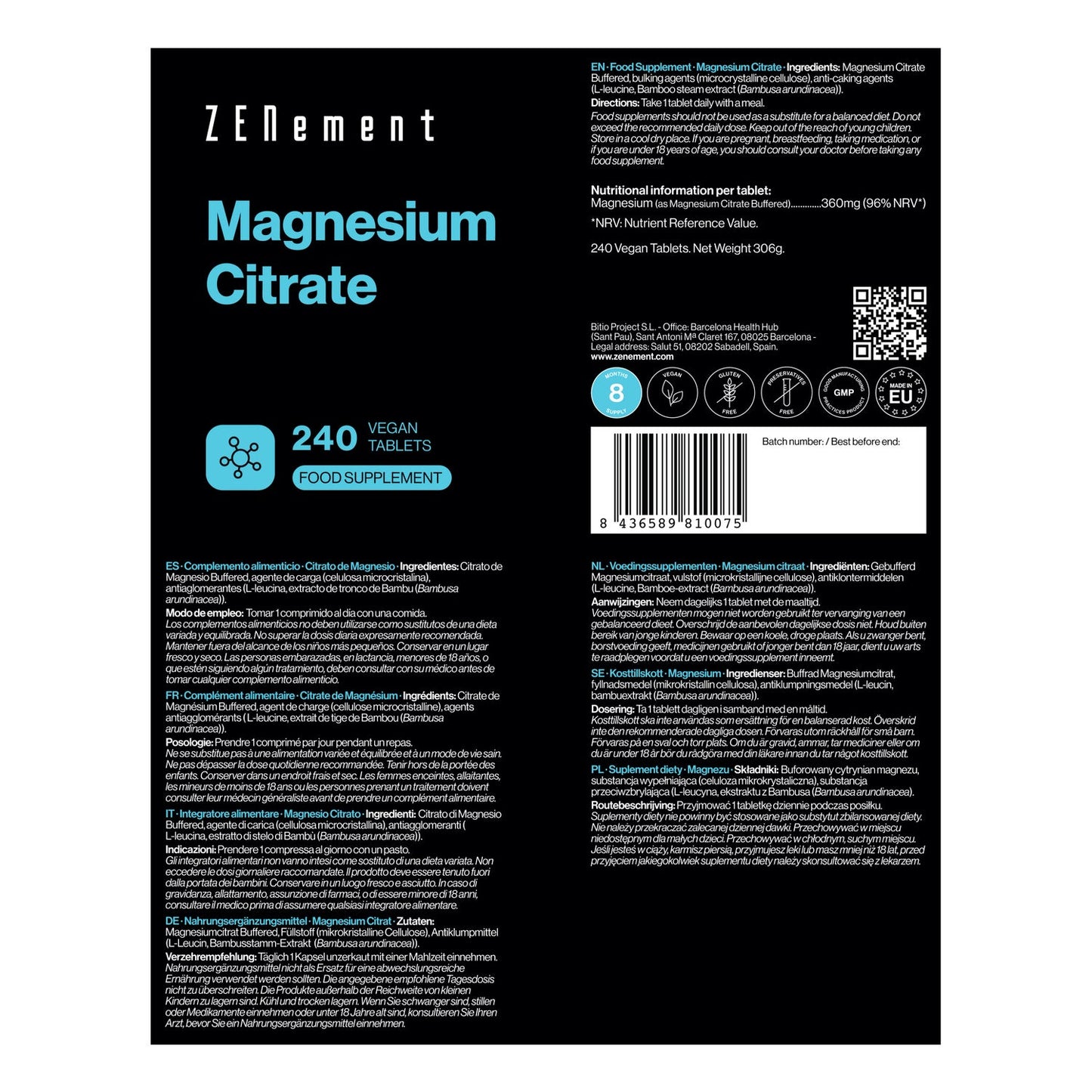 Zenement Citrato de Magnesio 240comp