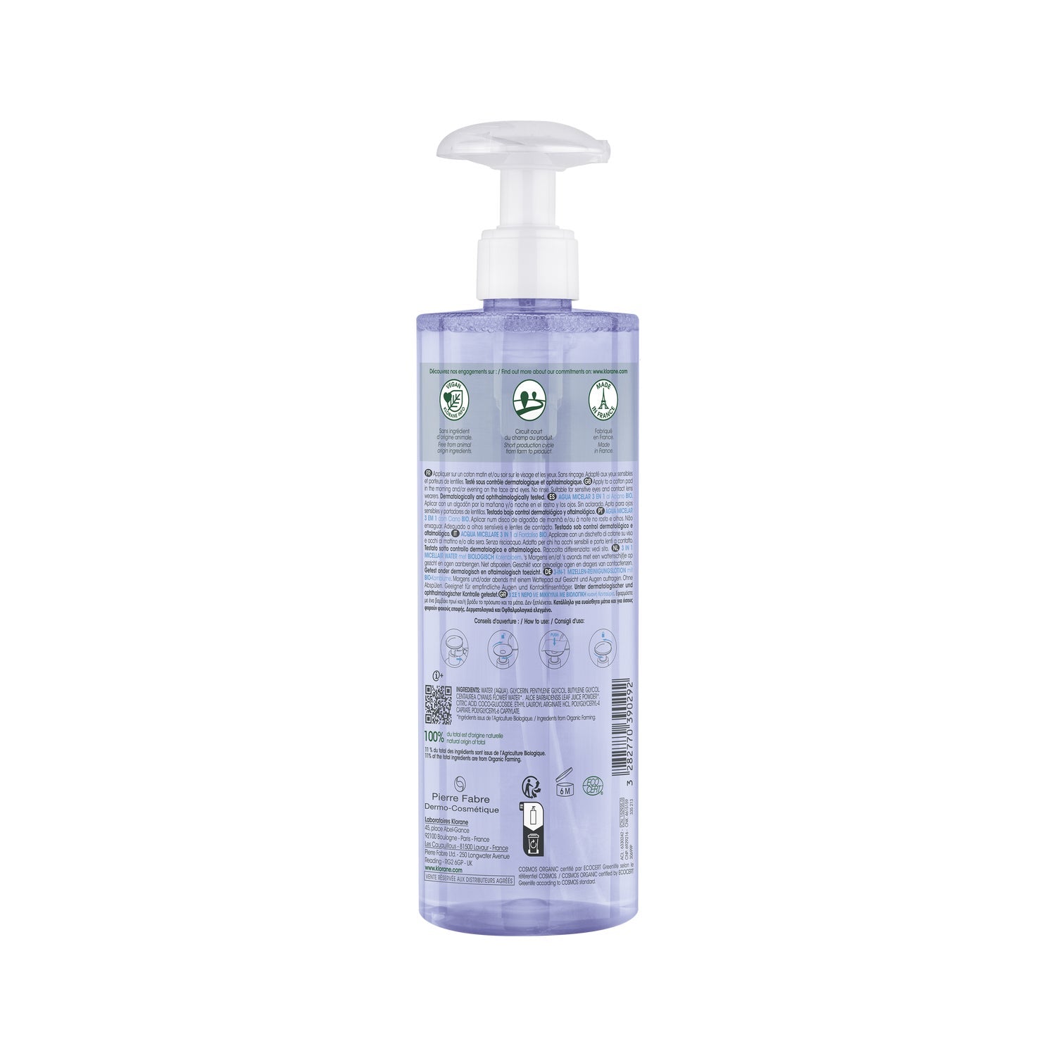 Klorane Agua Micelar 3 en 1 al Aciano Bio 400ml