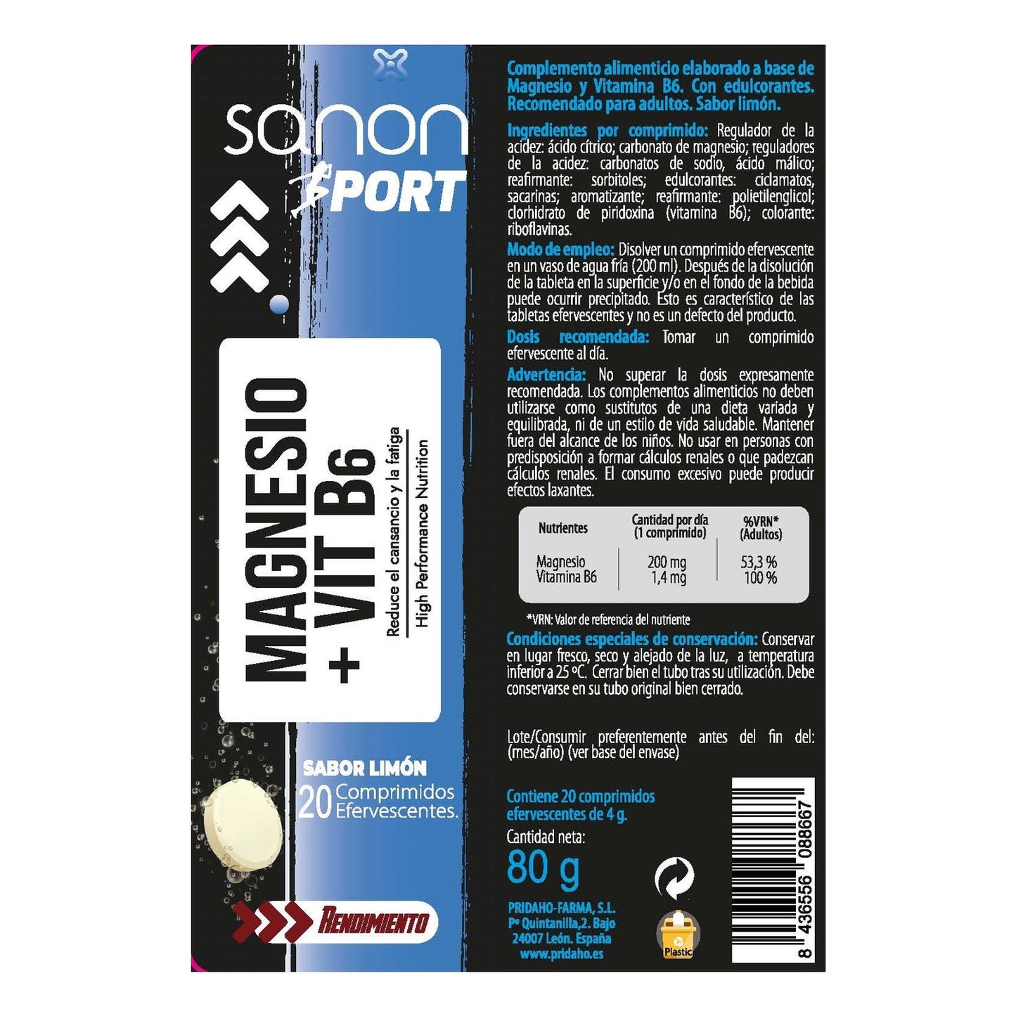 Sanon Sport Magnesio + Vitamina B6 Sabor Limón 20 comprimidos efervescentes