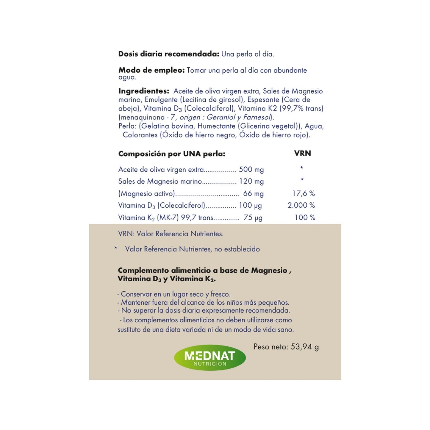 Mednat Vitamina D3+K2+Mg 60 Perlas