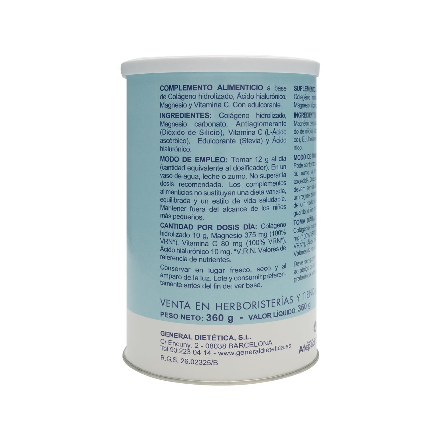Integralia Colágeno Soluble Plus hialurónico magnesio sabor neutro 360g