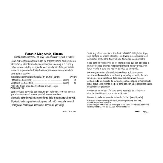 Viridian Potasio Magnesio Citrato Polvo 150g