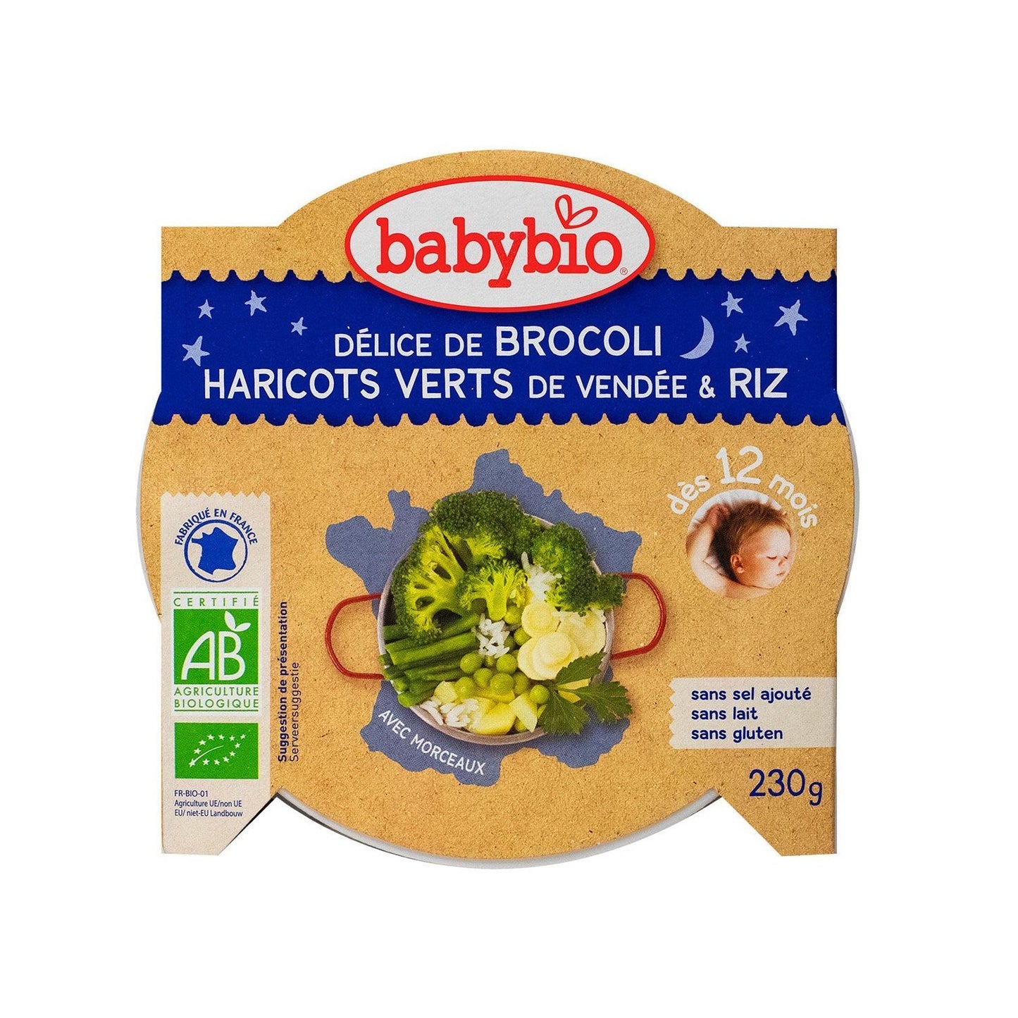 Plato de Buenas Noches Babybio Arroz Brócoli y Judías Verdes del Valle del Loira 230g