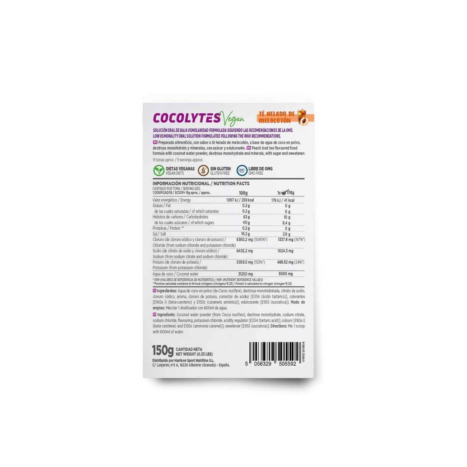 HSN ORS Cocolytes Agua de Coco + Electrolitos en Polvo Té Helado de Melocotón 150g