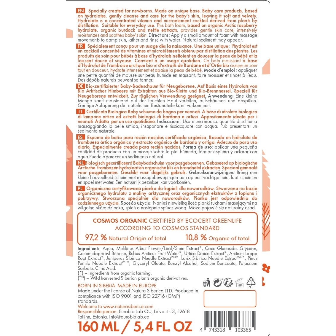 Natura Siberica Espuma de Baño Para Recién Nacidos 160ml
