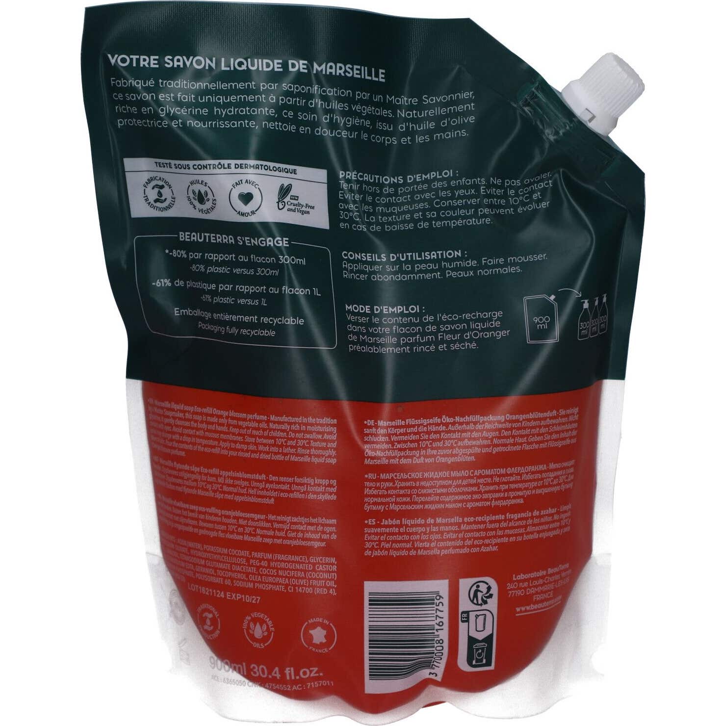 BeauTerra Jabón Líquido Marsella Flor de Azahar Recarga 900ml