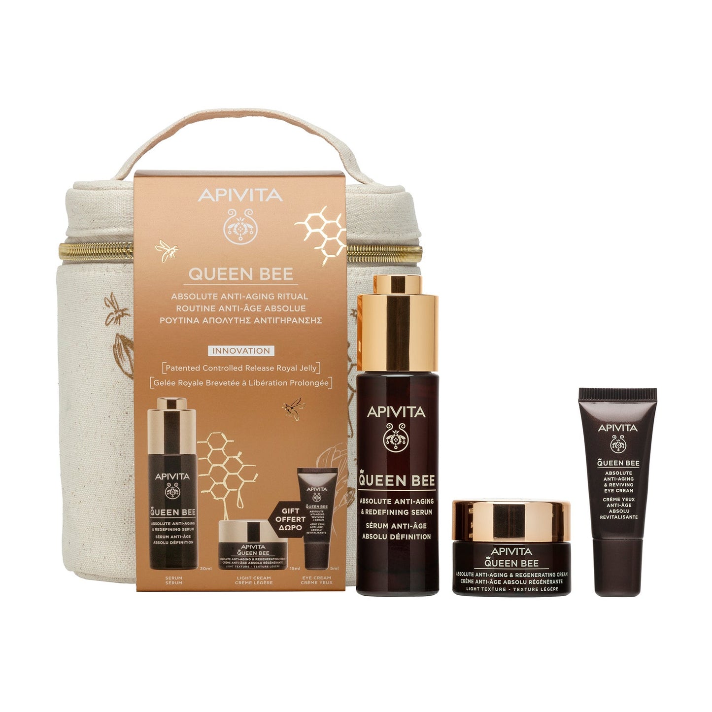 Apivita Ritual Antiedad Queen Bee Sérum + Crema Ligera 15Ml + Contorno 5Ml