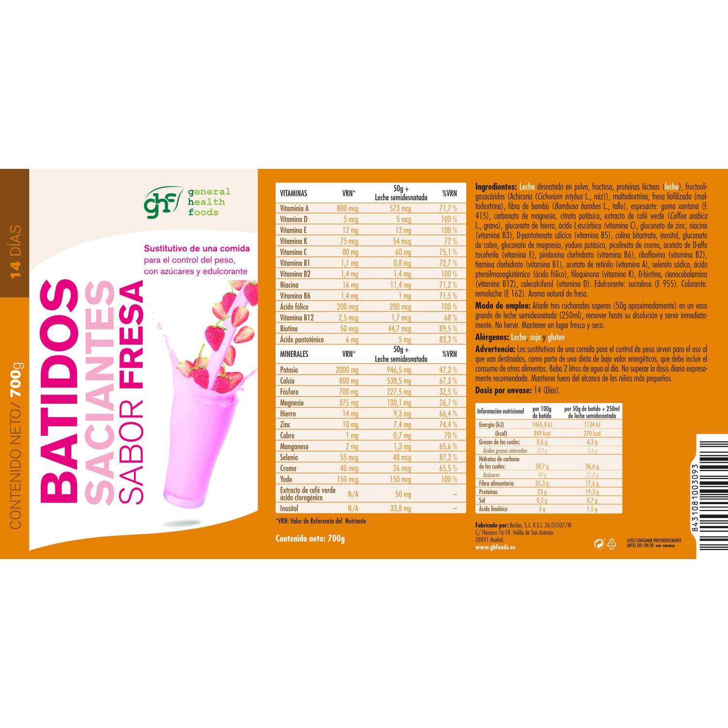 Ghf Batido Control de Peso Sabor Fresa 700g
