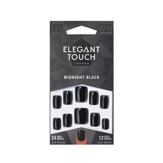 Elegant Touch Core Colour Nails With glue Squoval Midnight Black 24 uds