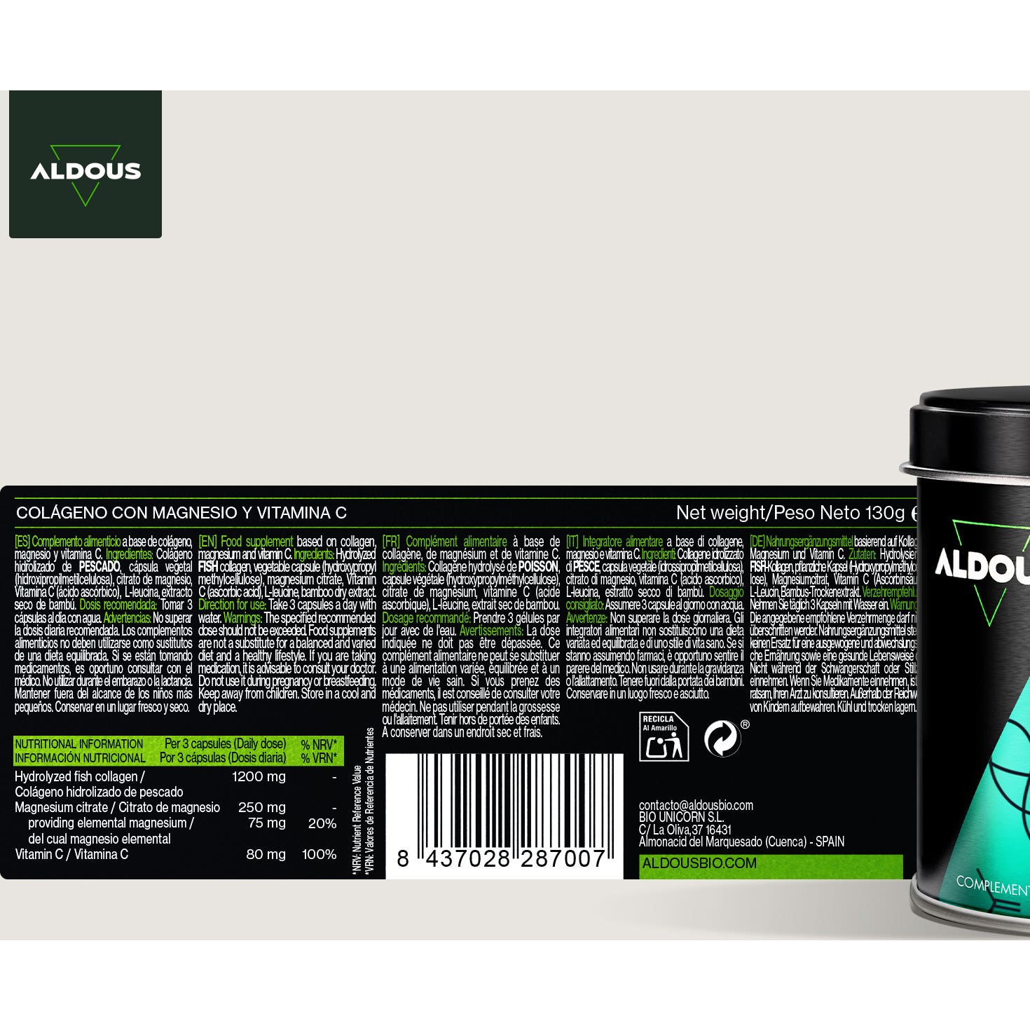 Aldous Bio Colágeno Hidrolizado Puro Magnesio Vitamina C 200caps