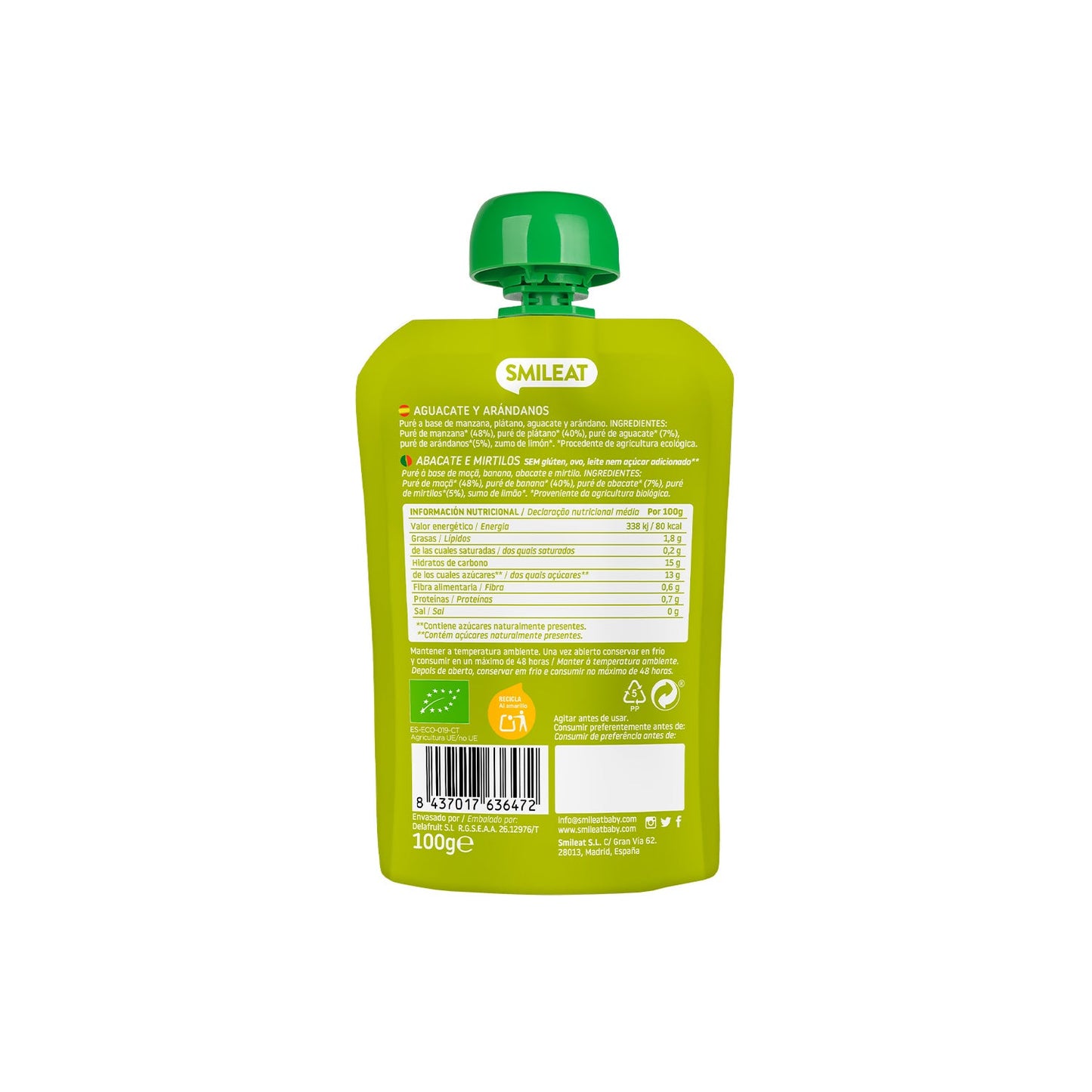 Smileat Pouch Ecológico de Aguacate y Arándanos 100g