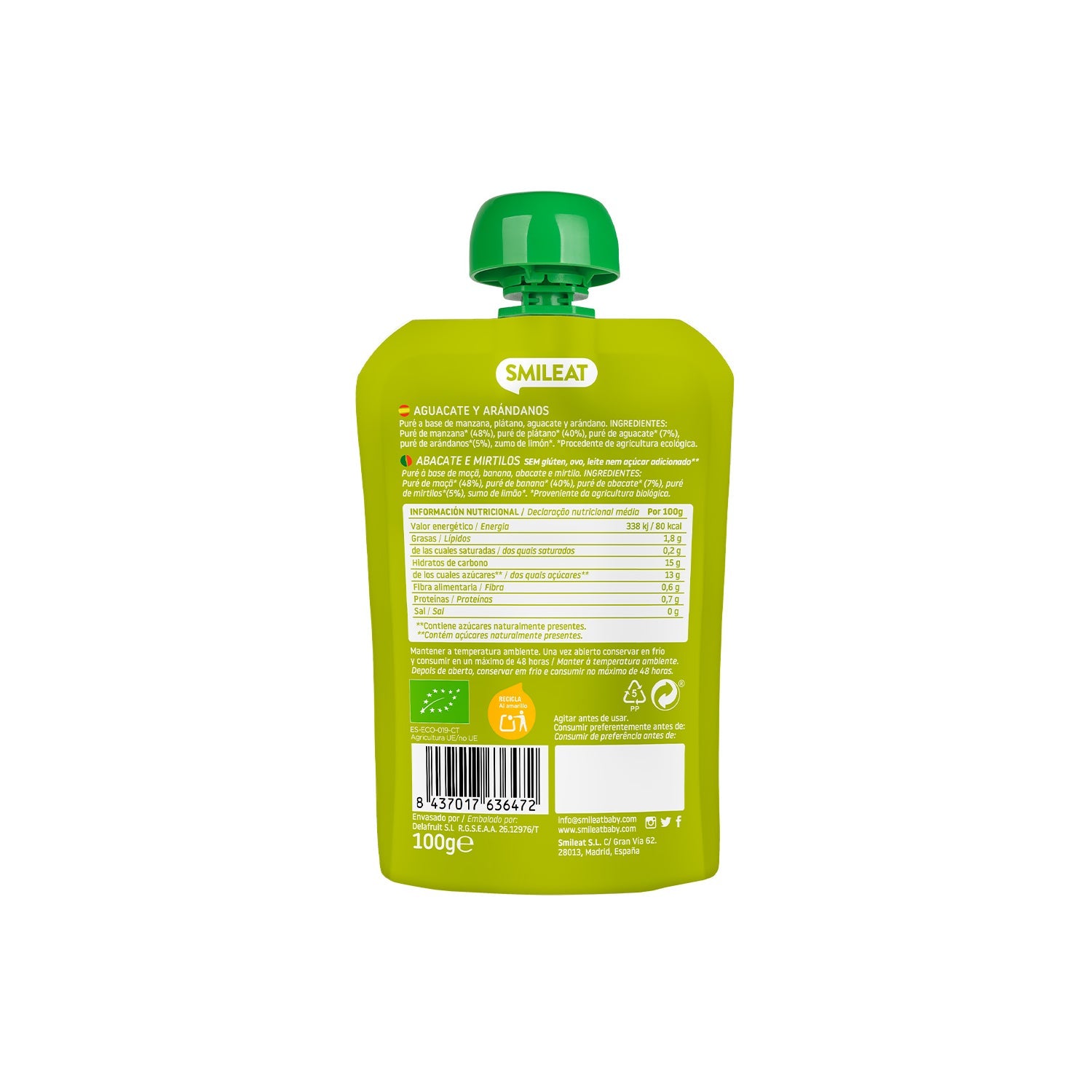 Smileat Pouch Ecológico de Aguacate y Arándanos 100g