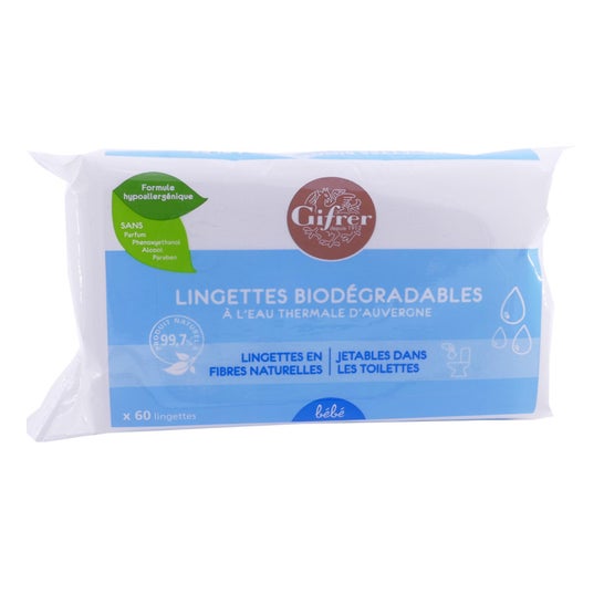 Toallitas biodegradables con bolsa de agua termal Auvergne de 60 toallitas