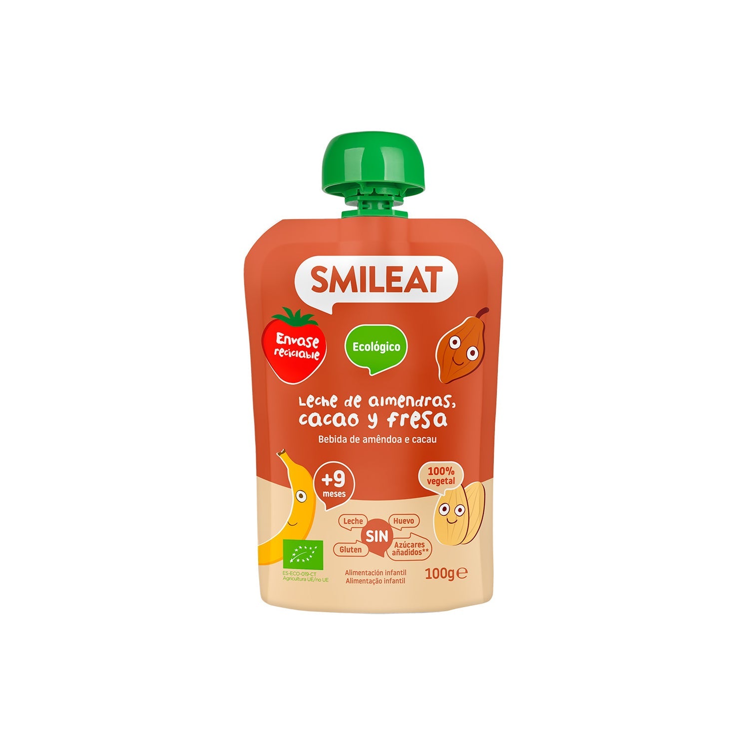 Smileat Pouch Ecológico de Leche de Almendras Cacao y Fresa 100g