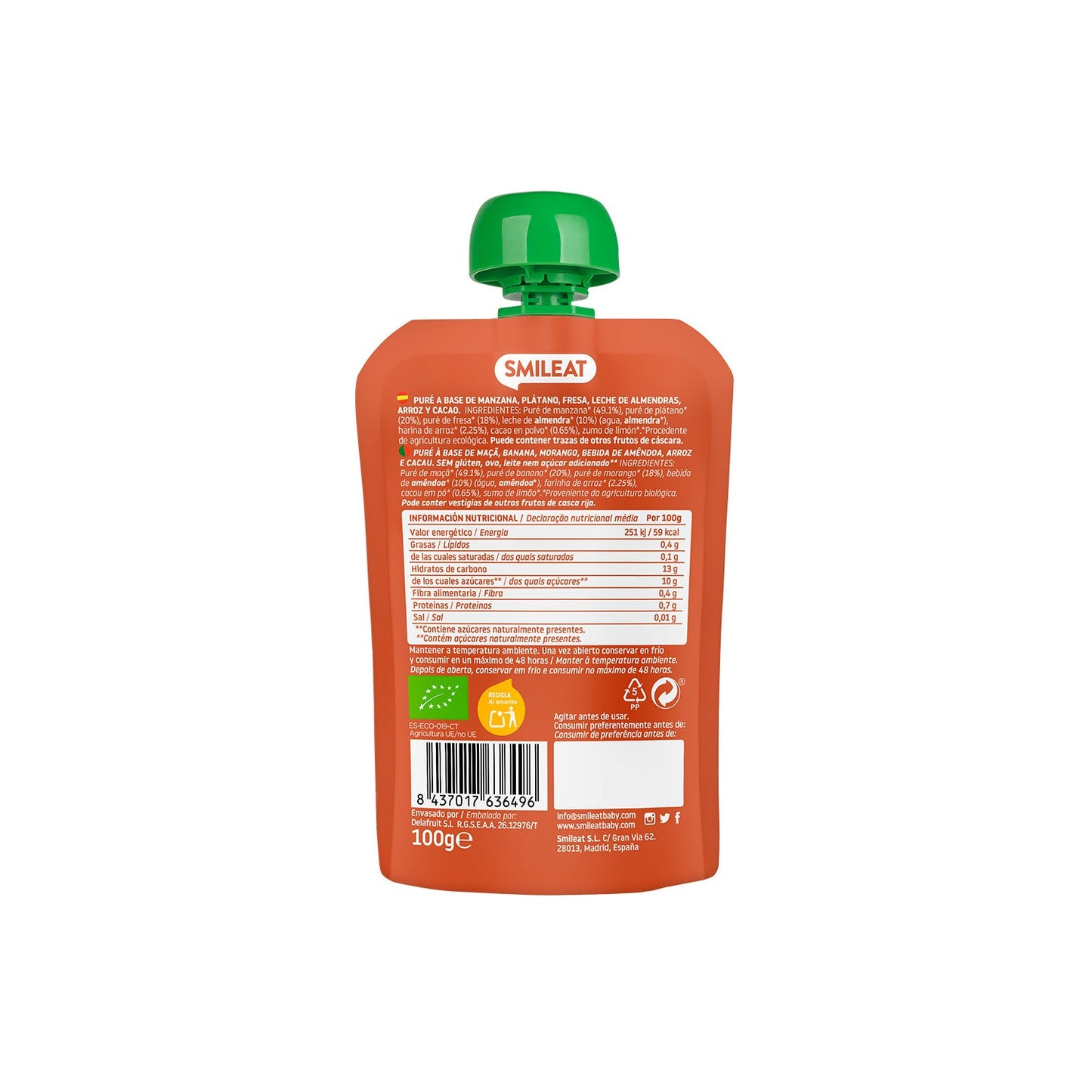 Smileat Pouch Ecológico de Leche de Almendras Cacao y Fresa 100g