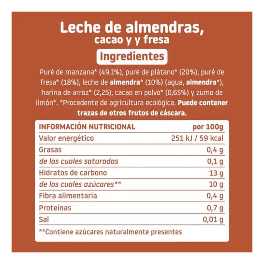 Smileat Pouch Ecológico de Leche de Almendras Cacao y Fresa 100g