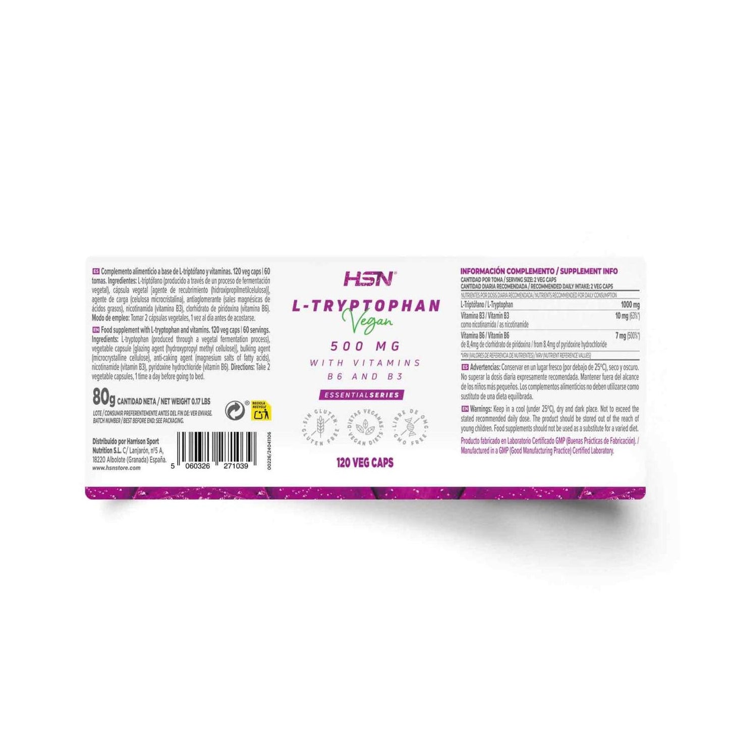 HSN L-Triptófano 500mg + Vitaminas B6 y B3 120vcaps