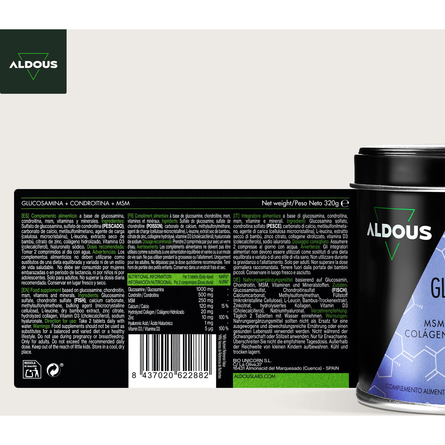 Aldous Bio Glucosamina Condroitina Msm Colágeno Zinc 200comp