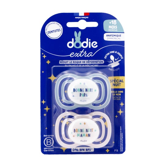 Dodie Extra Chupete Anatómico +18M F9 Fino Noche 2 uds