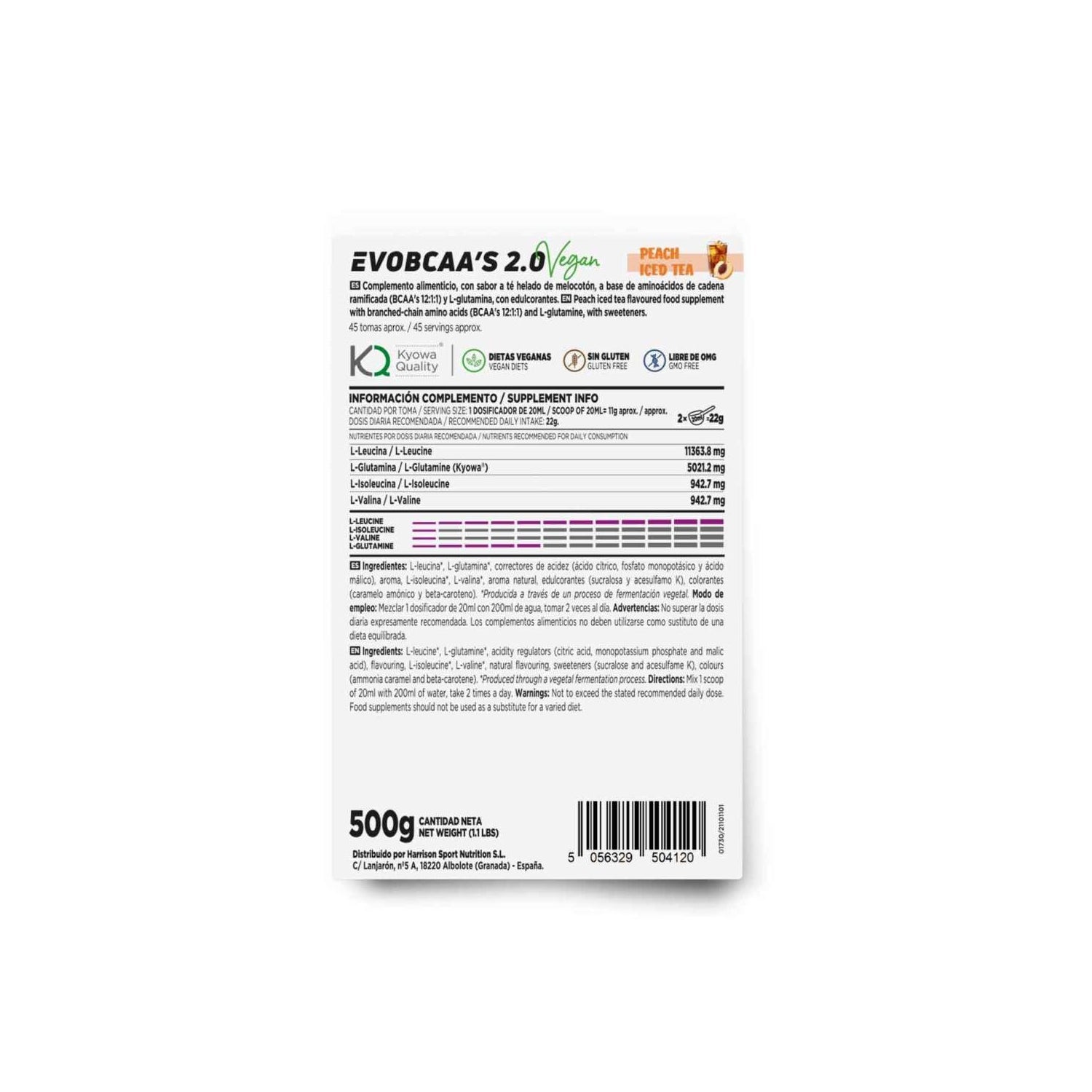 HSN EvoBCAA's 2.0 BCAA's 12:1:1 + Glutamina Té Helado de Melocotón 500g