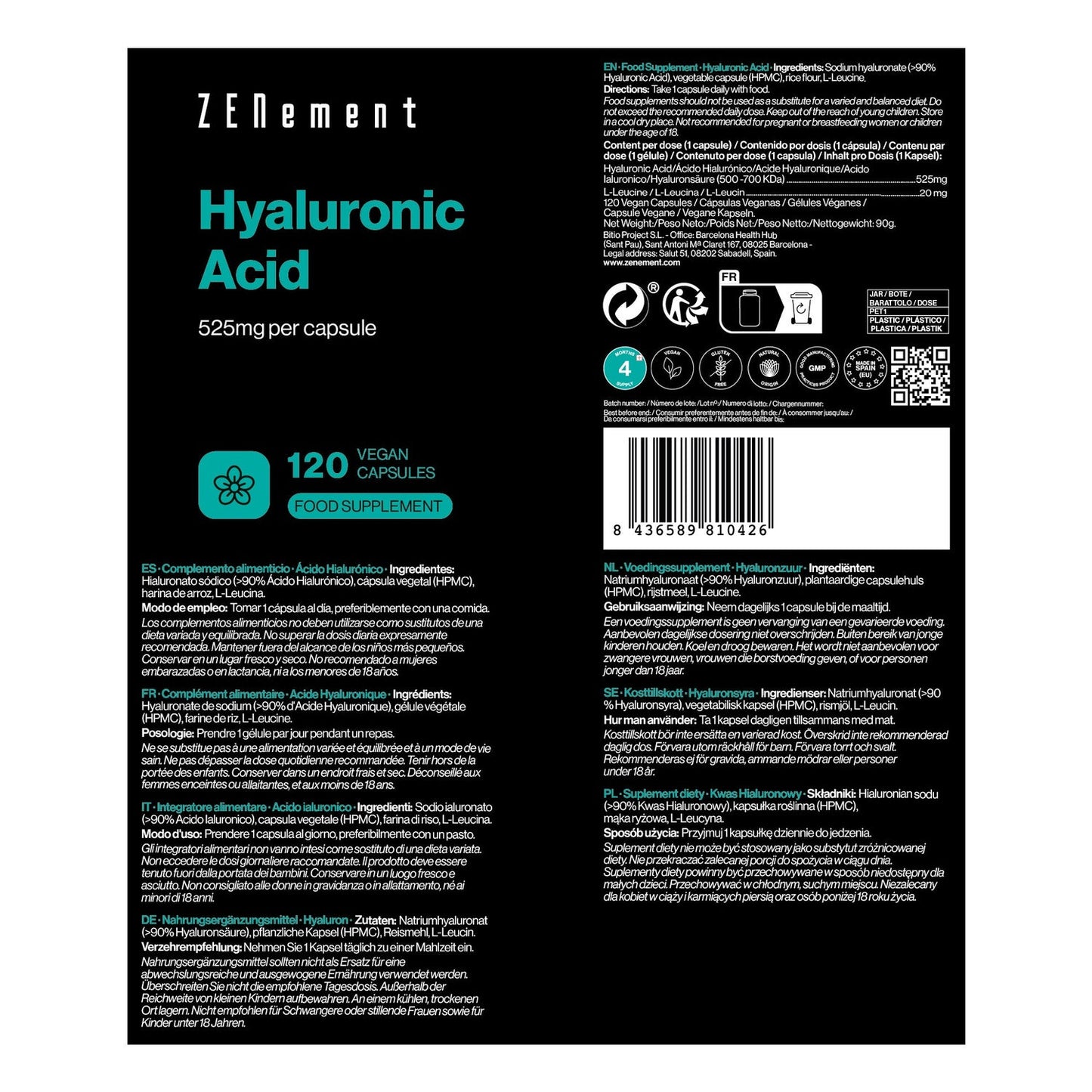 Zenement Ácido Hialurónico 525mg 120 vcaps