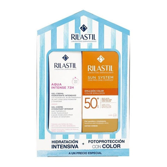 Rilastil Pack Aqua Intense 72h Gel-Crema 40ml + Sun System Emulsión Solar Facial Color SPF50+ 40ml