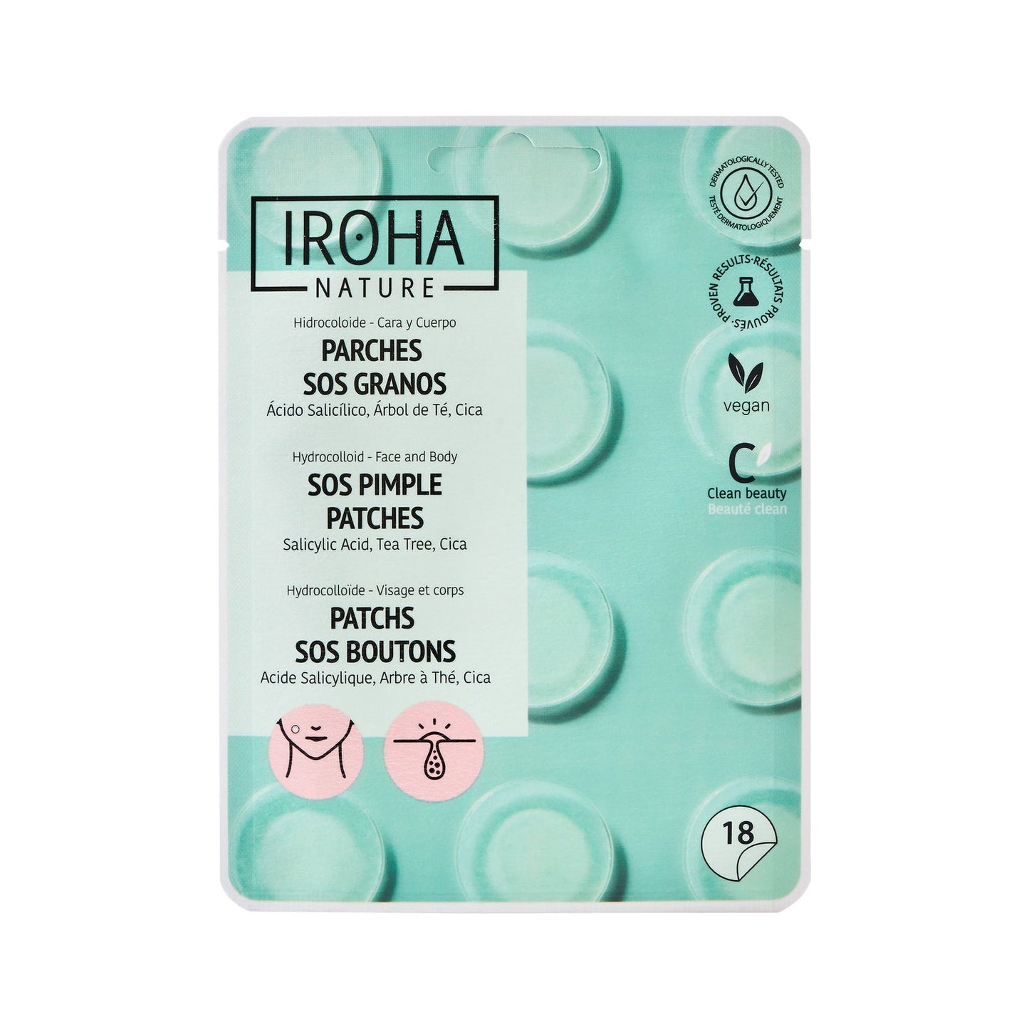 Iroha Nature Parches SOS Granos para Acné Cara y Cuerpo 18uds
