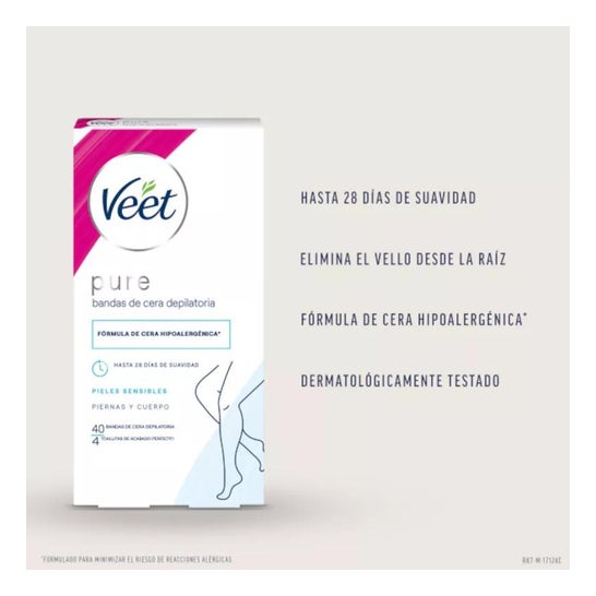 Veet Pure Bandas de Cera Depilatoria Piernas y Cuerpo Piel Sensible 40uds