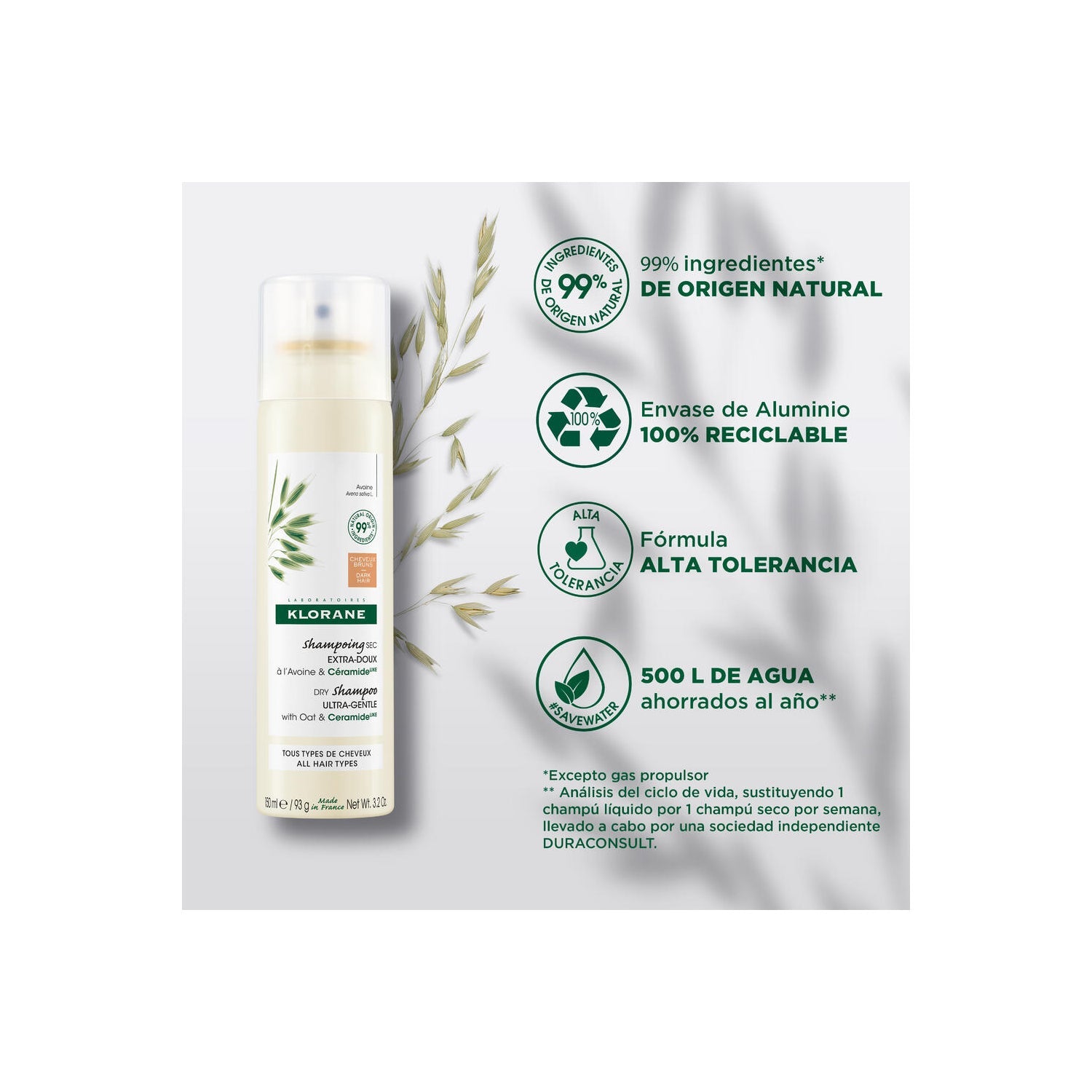 Klorane Champú Seco Leche de Avena Cabello Castaño 150ml