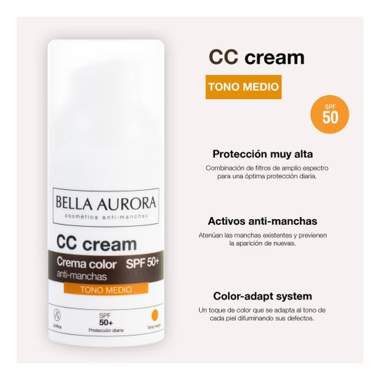 Bella Aurora CC Cream Crema Color Anti-Manchas SPF50+ Tono Medio 30ml