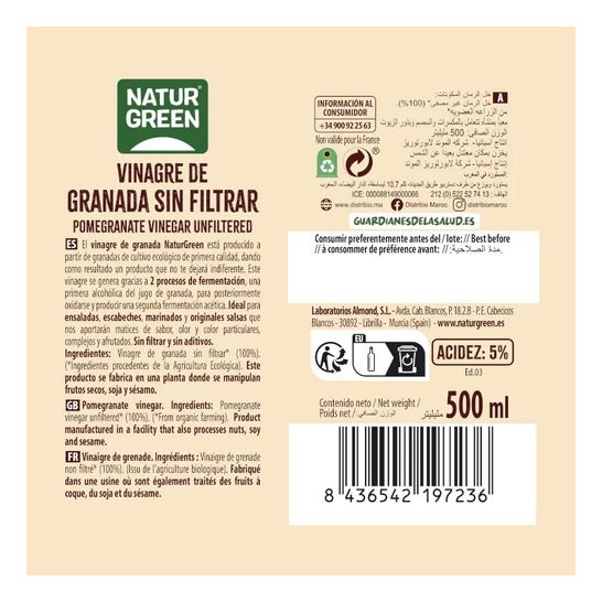 NaturGreen Vinagre de Granada sin Filtrar Bio 500ml