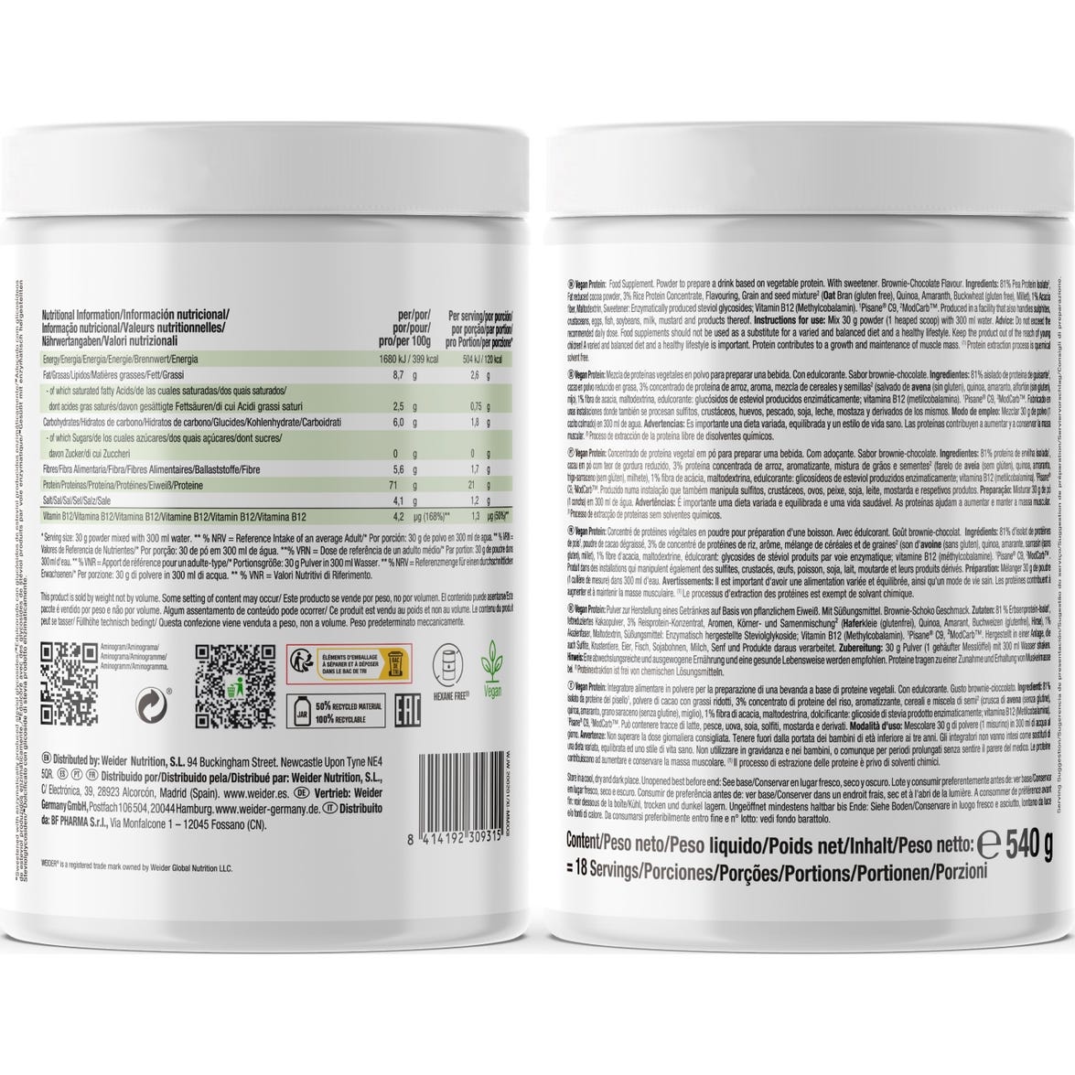 Weider Suplemento Alimenticio Vegan Protein Chocolate 540g