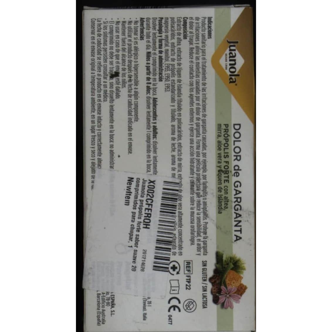Juanola Dolor de Garganta Própolis Forte Sabor Suave Balsámico 20caps