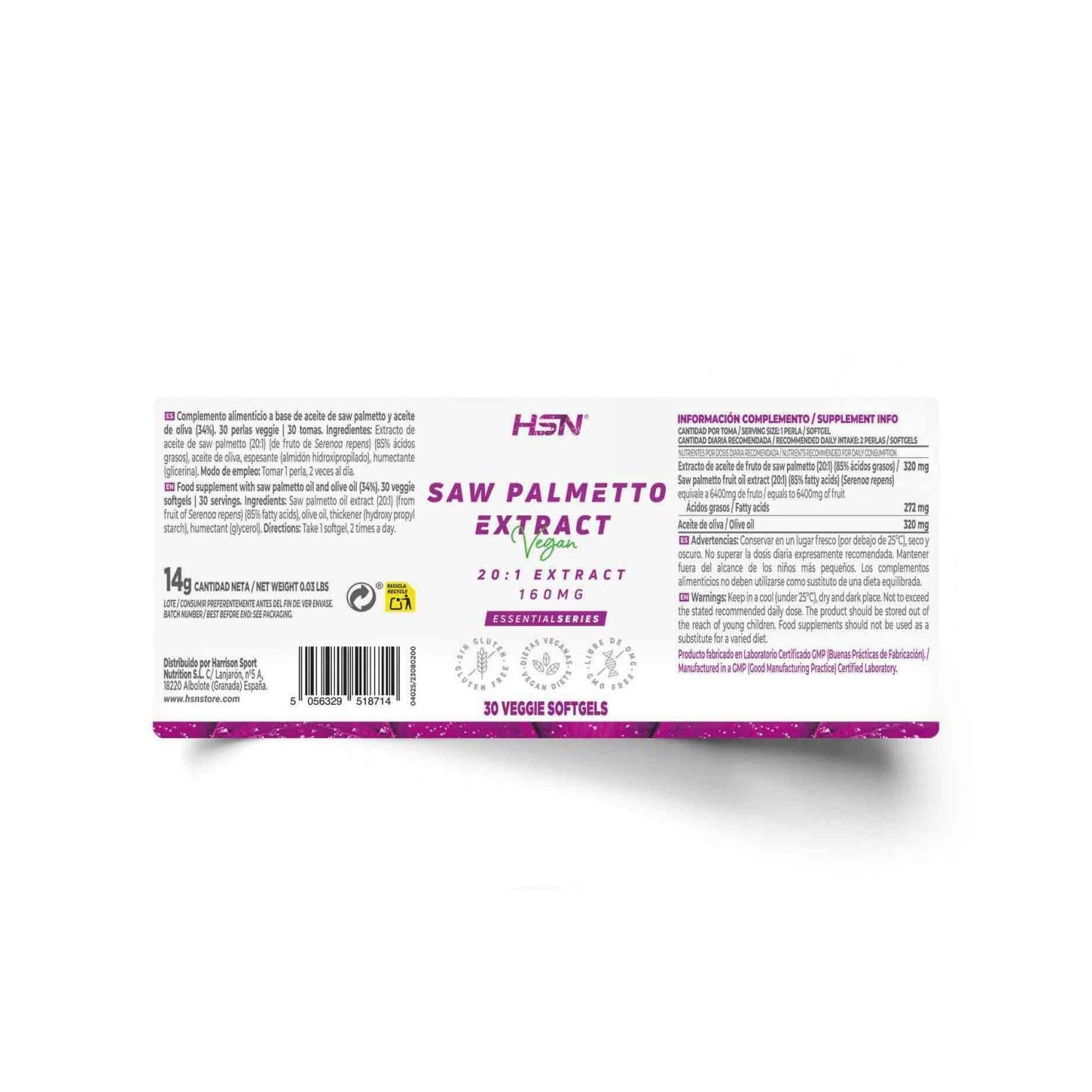 HSN Extracto de Saw Palmetto 20:1 160mg 30 perlas vegetales