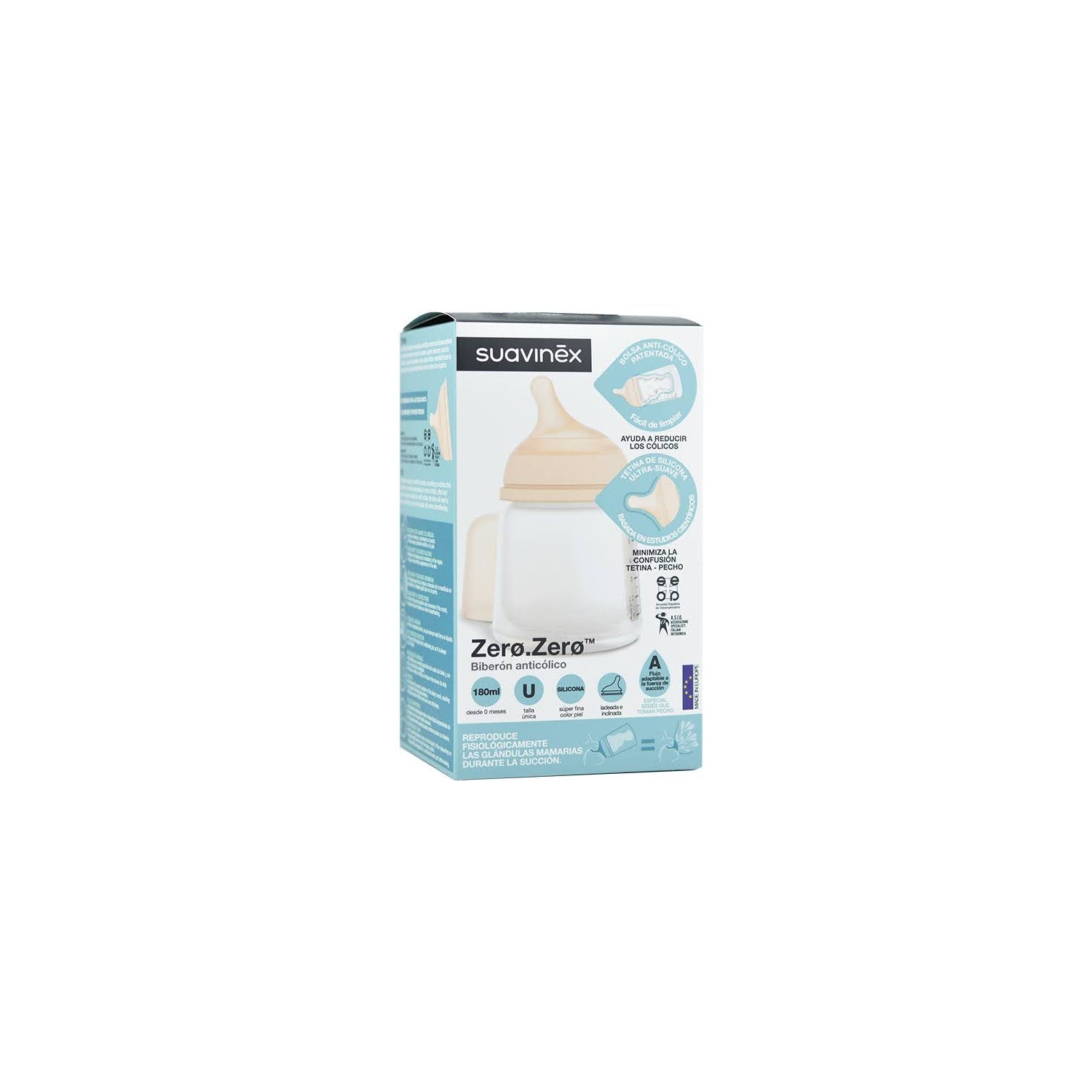 Suavinex Biberón Zero Zero Anticólico Flujo Adaptable 180ml 1ud