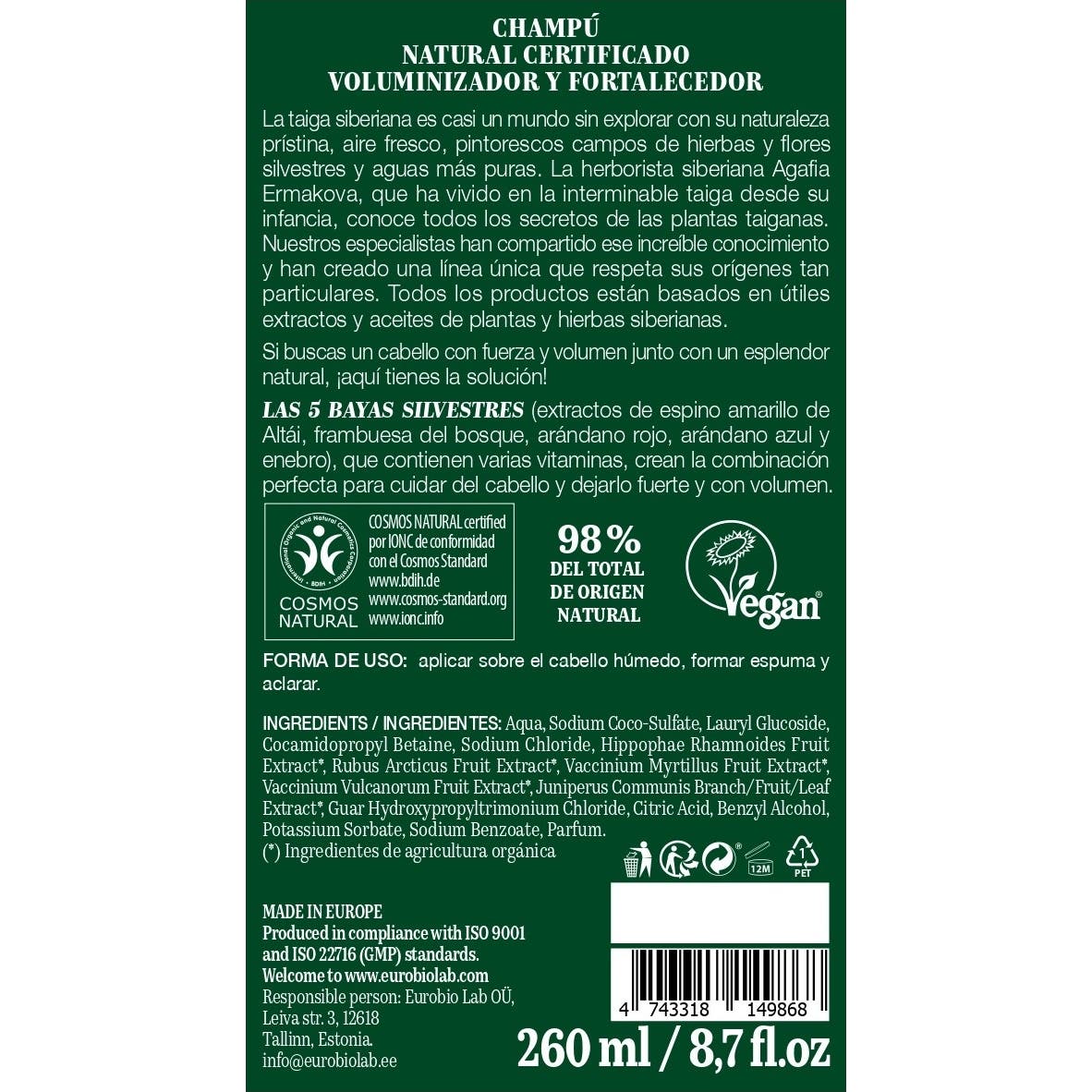 Green Agafia Champú Natural Voluminizador y Fortalecedor 260ml