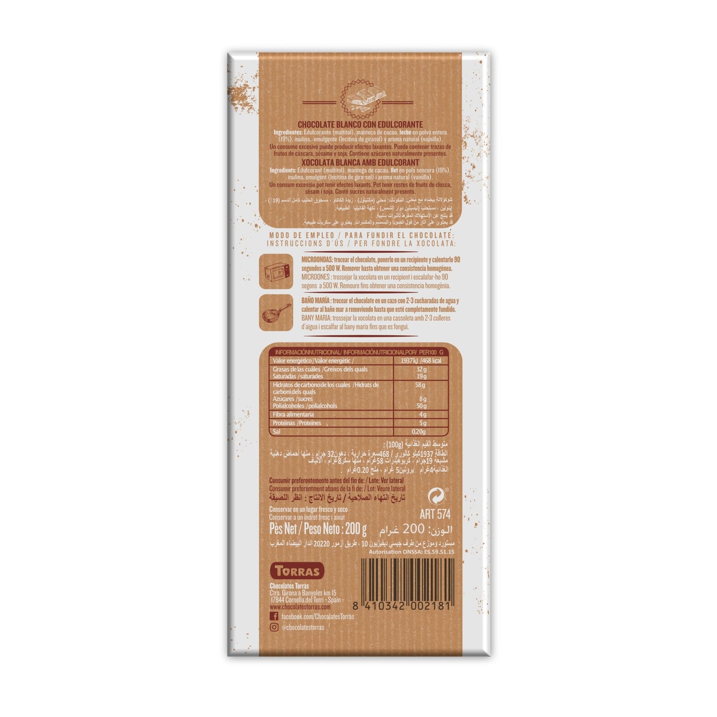Torras Chocolate Blanco sin Azúcar Postres 200g