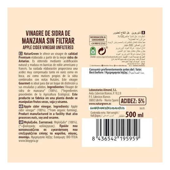 Naturgreen Vinagre De Sidra De Manzana Sin Filtrar Bio 500ml