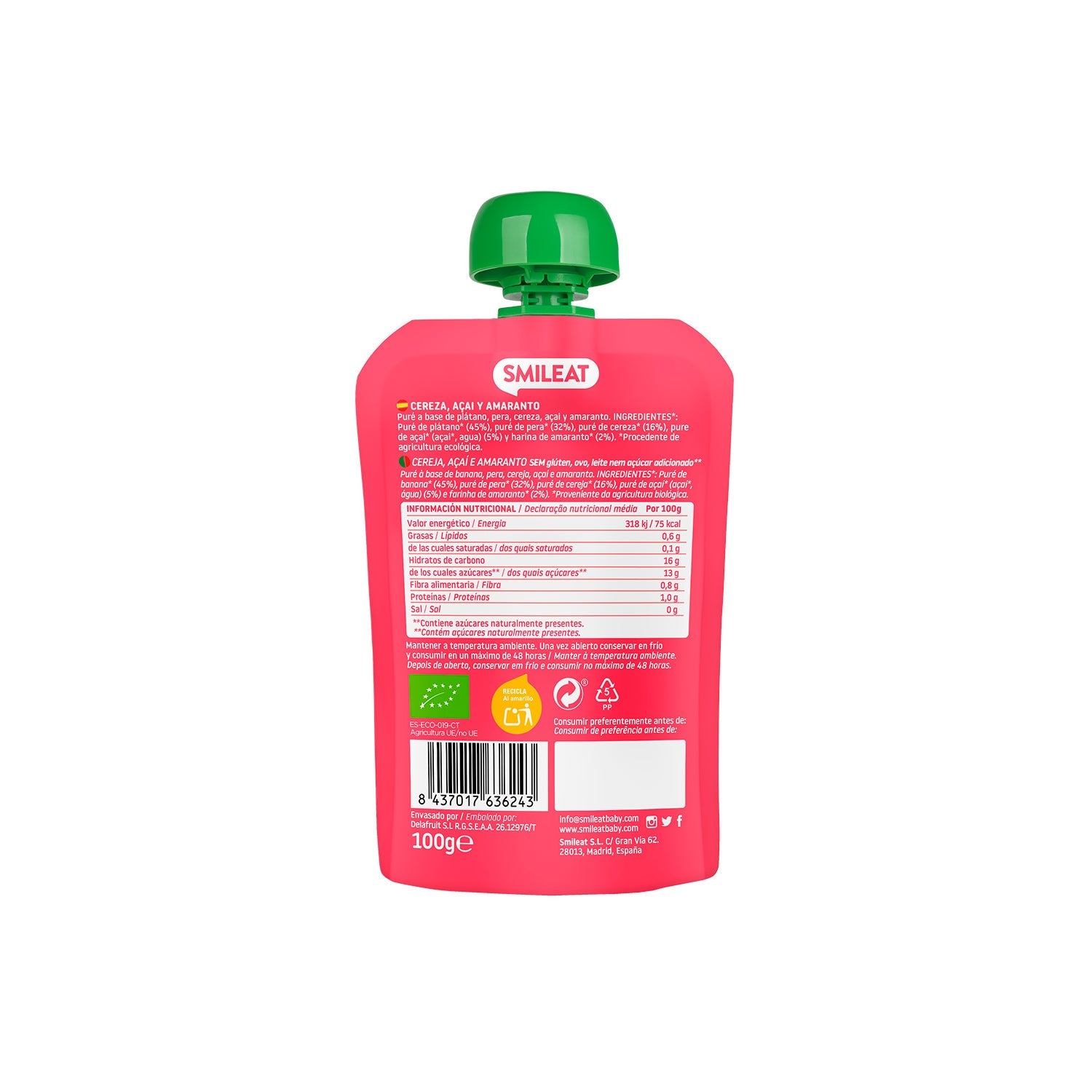 Smileat Pouch Ecológico de Cereza Açai y Amaranto 100g