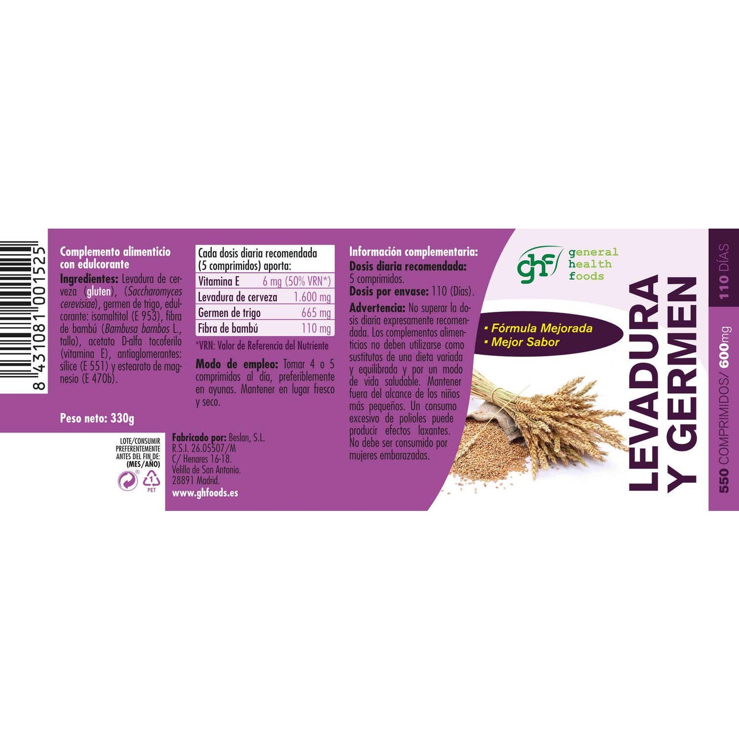GHF levadura de germen 600mg 550comp