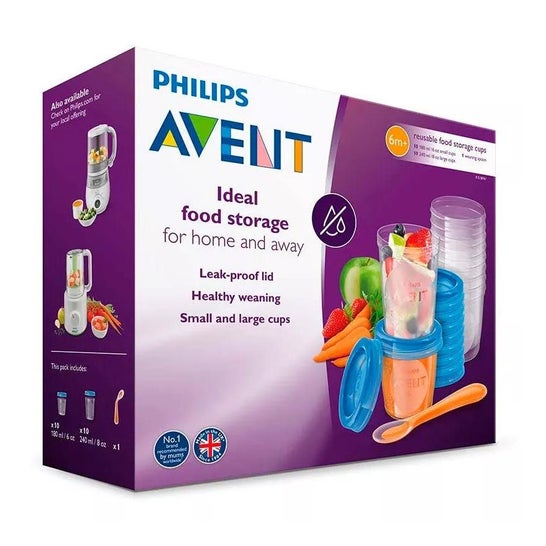 Avent Recipientes leche materna 10x180ml + 10x240 + 20 tapas + cuchara 1 libro de recetas