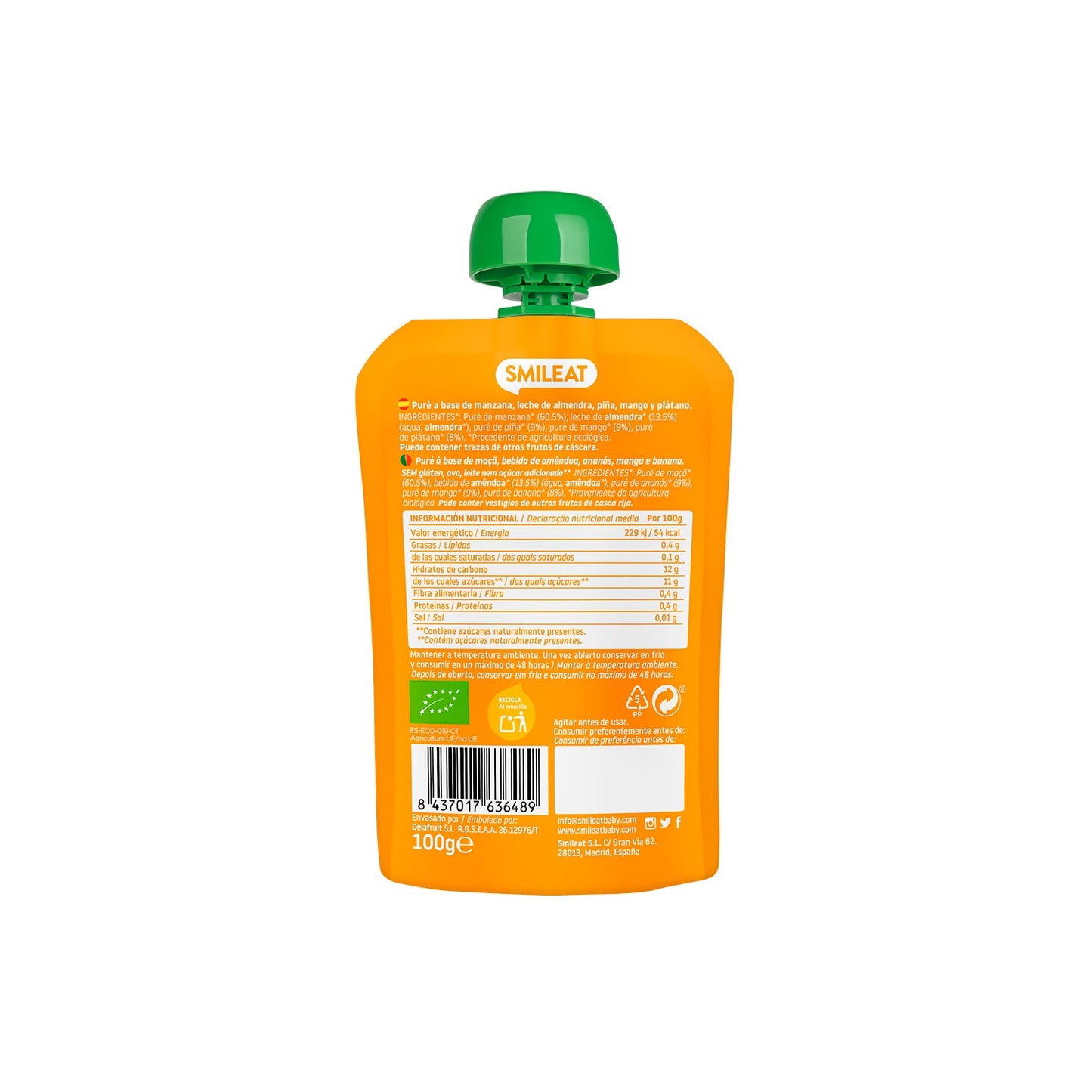 Smileat Pouch Ecológico de Leche de Almendras Mango y Piña 100g