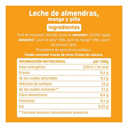 Smileat Pouch Ecológico de Leche de Almendras Mango y Piña 100g