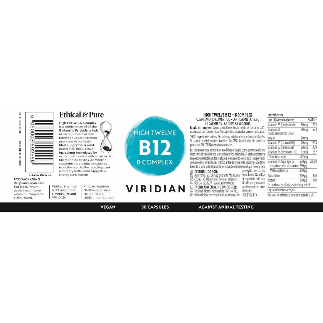 Viridian High Twelve B-complex B12 30cáps