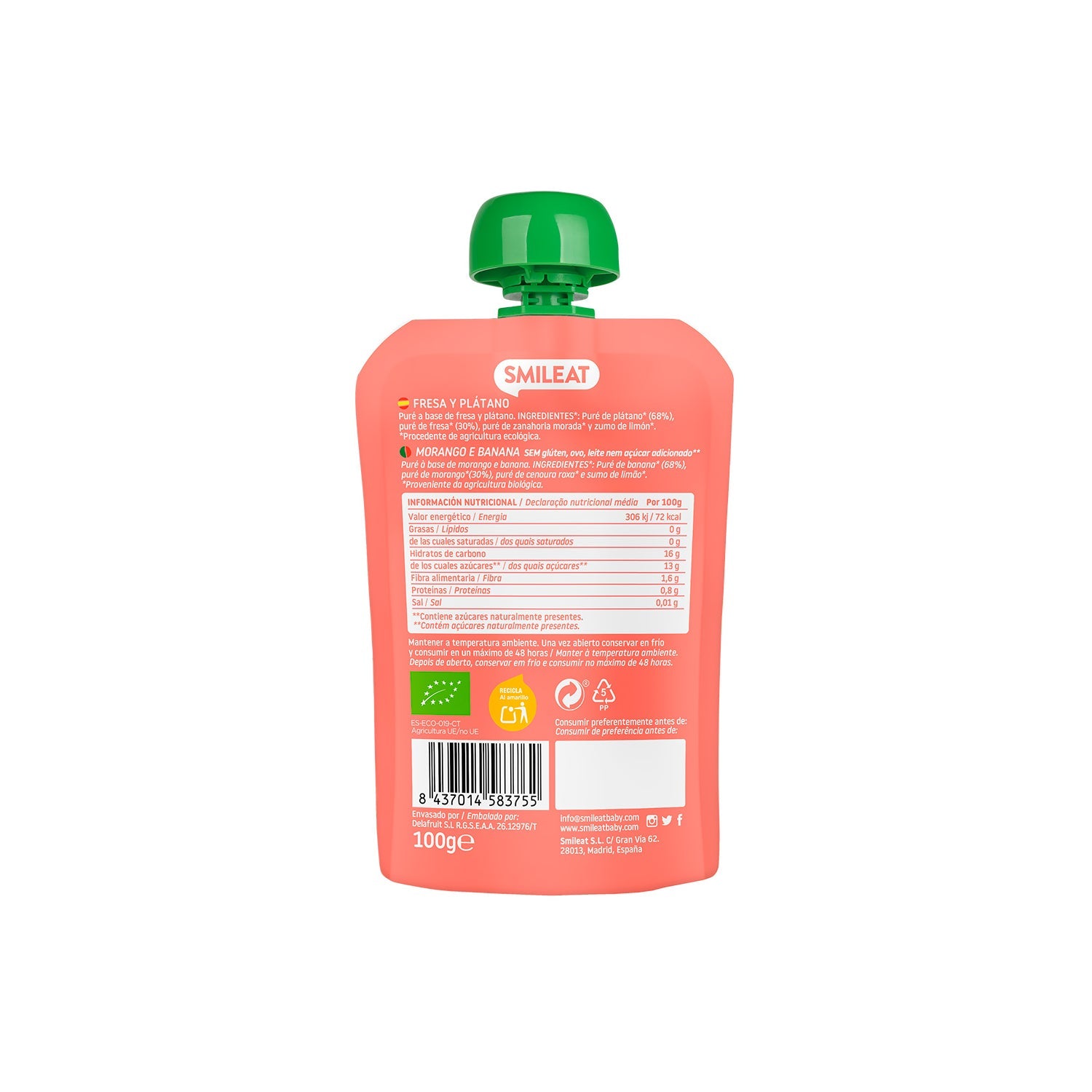 Smileat Pouch Ecológico de Fresa y Plátano 100g